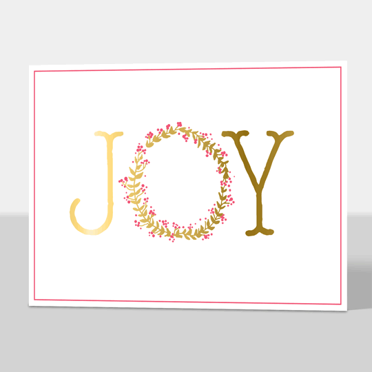 Gold Foil Joy Wreath Folded Holiday Cards